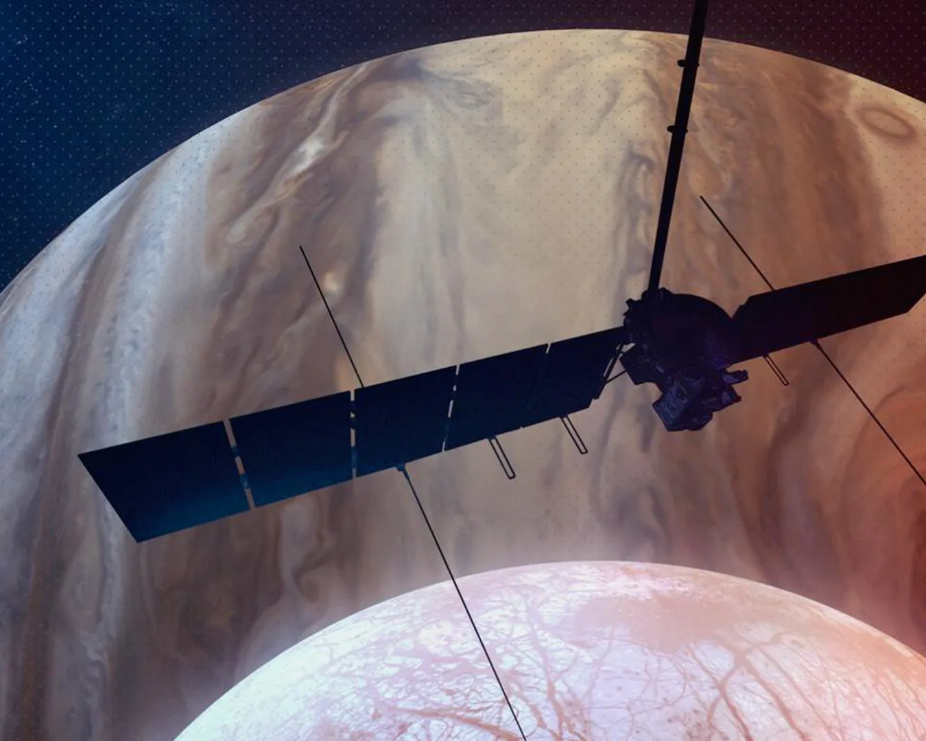 An artist's depiction of NASA's Europa Clipper spacecraft silhouetted against Jupiter as it passes over the gas giant's icy moon Europa. A team of researchers in the University of Maryland’s Department of Geological, Environmental, and Planetary Sciences was awarded a three-year, $1.1 million grant from NASA to develop an instrument to detect life elsewhere in the solar system. (Image by NASA/JPL-Caltech)